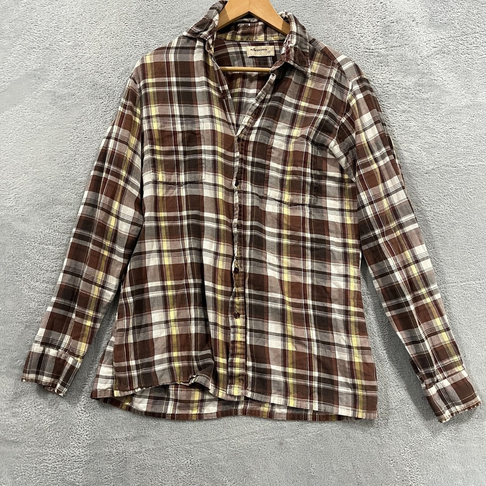 Vintage Arrow Shirt‎ Mens Medium Button Up Plaid Western Distressed Long Sleeve